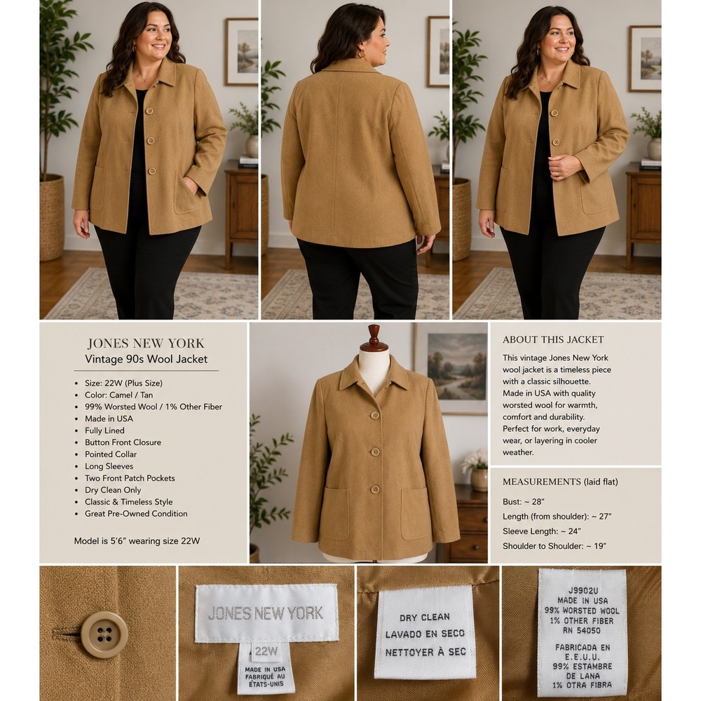Jones New York Vintage 90s Wool Blazer Jacket Camel Tan USA Made Womens 22PW